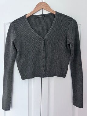 Brandy Melville Dark Charcoal Ribbed V-Neck Button Cardigan